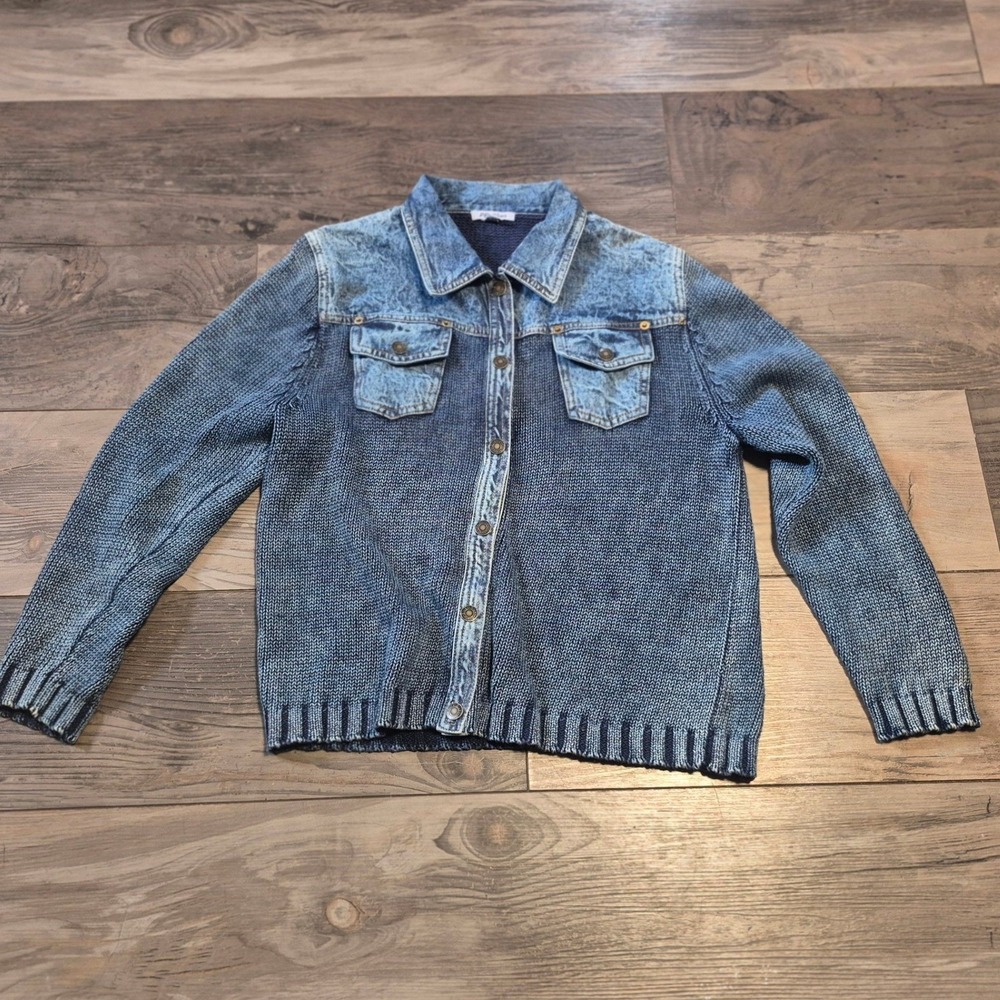PBJ Blues Women Blue Knit Sweater Jacket Ramie Cotton Blend Size Medium